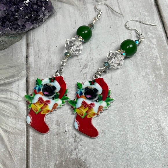 French Bulldog Acrylic Christmas Dangle Earrings Hand Crafted And Double Sided - Picture 11 of 12